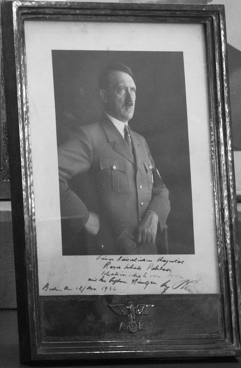 Reza Shah - Signed Photograph of Adolf Hitler for Reza Shah Pahlavi in Original Frame with the Swastika and Adolf Hitler's (AH) Sign - Sahebgharanie Palace - Niavaran Palace Complex. The text below th