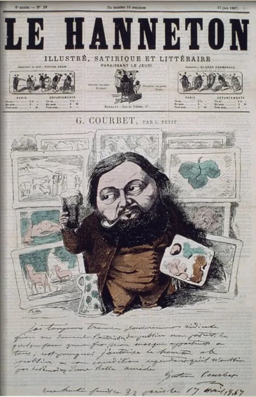 Gustave Courbet - Gustave Courbet, caricature par Léonce Petit publiée dans l'hebdomadaire Le Hanneton du 13 juin 1867.
Probable première évocation graphique et publique, mais sybilline, de son tablea
