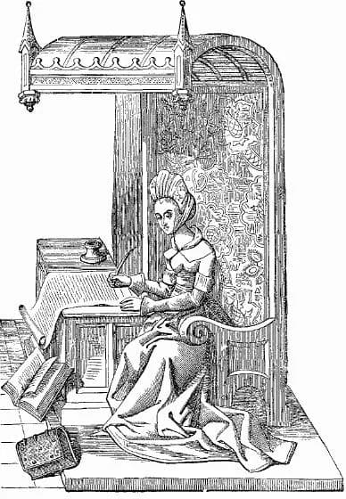 Christine de Pizan - Christine de Pizan, showing the interior of an apartment at the end of the 14th or commencement of the 15th century. 
Original Caption: ... seated on a Canopied Chair of carved wo