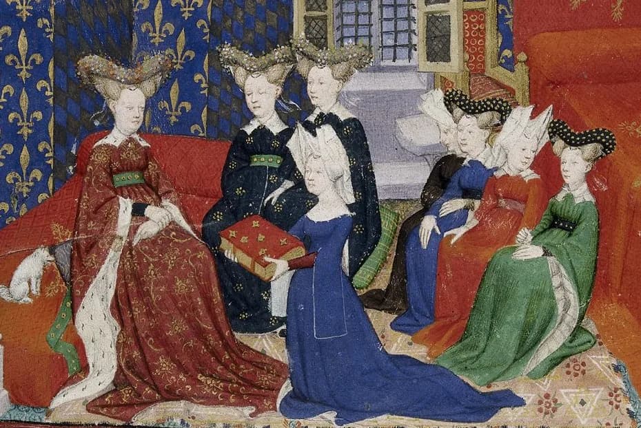 Christine de Pizan - Detail of a presentation miniature with Christine de Pisan presenting her book to queen Isabeau of Bavaria.  Illuminated miniature from The Book of the Queen (various works by Chr