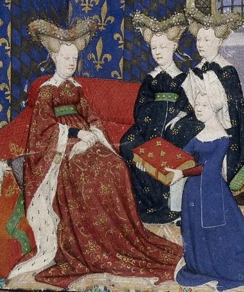 Christine de Pizan - Detail of a presentation miniature with Christine de Pisan presenting her book to queen Isabeau of Bavaria.  Illuminated miniature from The Book of the Queen (various works by Chr