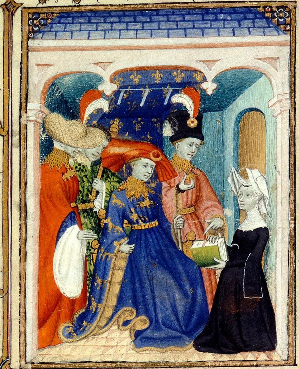 Christine de Pizan - Christine de Pisan offre un livre au duc Louis Ier d'Orléans. Miniature tirée de l’Épître Othéa, Harley MS 4431, f.95.