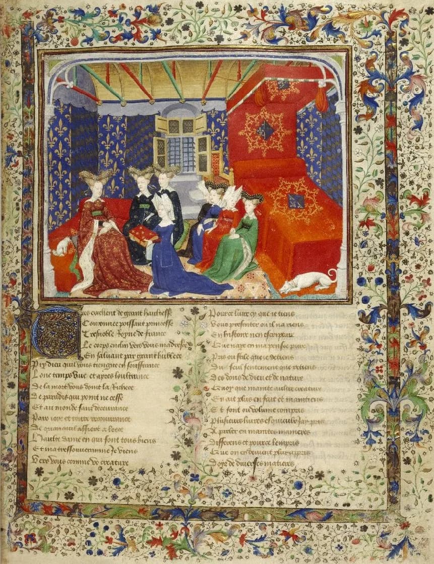 Christine de Pizan - Detail of a presentation miniature with Christine de Pisan presenting her book to queen Isabeau of Bavaria.  Illuminated miniature from The Book of the Queen (various works by Chr