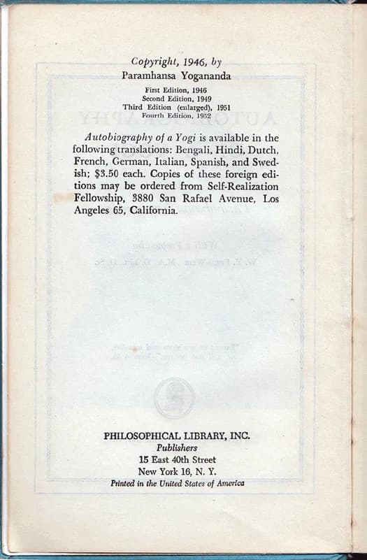 Paramahansa Yogananda - Scan of the copyright 1952 edition page of the book Autobiography of a Yogi, which is in public domain.