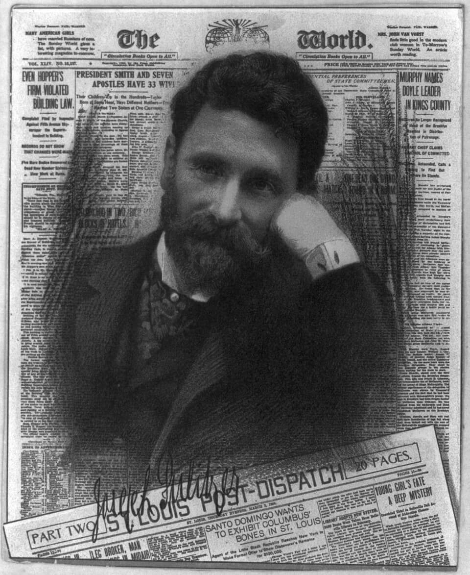 Joseph Pulitzer - Joseph Pulitzer, chromolithograph superimposed on composite front cover of his newspapers