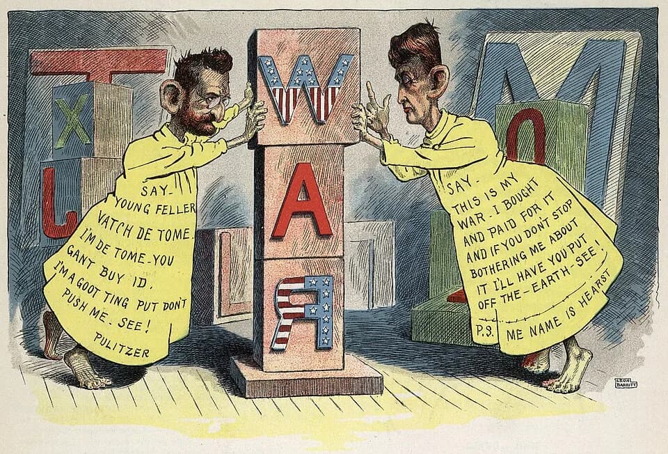 Joseph Pulitzer - Editorial cartoon by Leon Barritt, 1898. Newspaper publishers Joseph Pulitzer and William Randolph Hearst, full-length, dressed as the Yellow Kid (a popular cartoon character of the