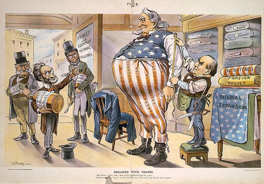 Joseph Pulitzer - "Declined With Thanks". Editorial cartoon showing Uncle Sam as a large, fat man. President William McKinley, as a tailor, is measuring Uncle Sam for larger clothing.
Anti-expansioni