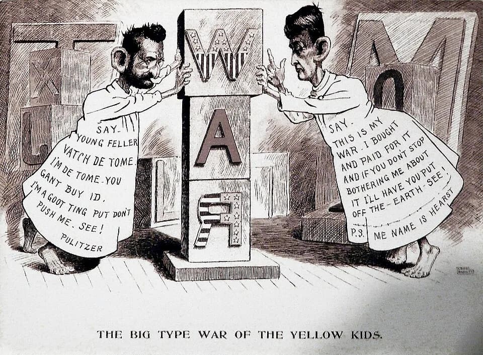 Joseph Pulitzer - "Yellow journalism" cartoon about Spanish-American war of 1898; the newspaper publishers Joseph Pulitzer and William Randolph Hearst are both attired as the Yellow Kid comics charact