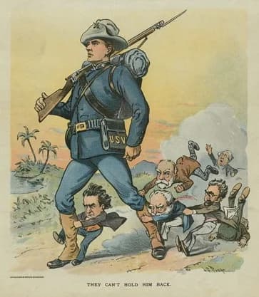 Joseph Pulitzer - "They can't hold him back," by J. S. Pughe. Puck Magazine, May 24, 1899.