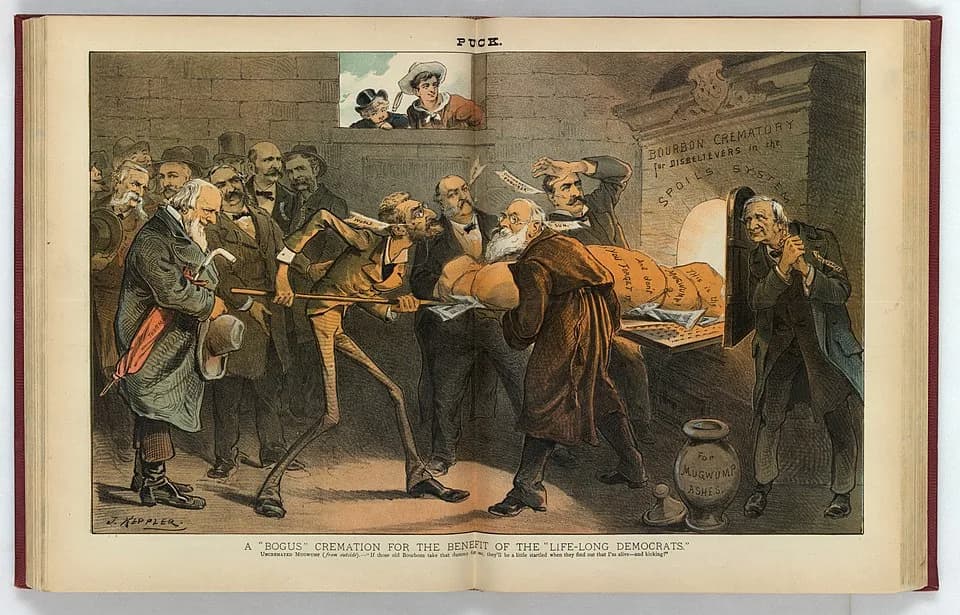 Joseph Pulitzer - Title: A "bogus" cremation for the benefit of the "life-long Democrats"
Abstract: Illustration shows a group of men, some identified by name "Blackburn, D.B. Hill, Mclaughlin, Thurma