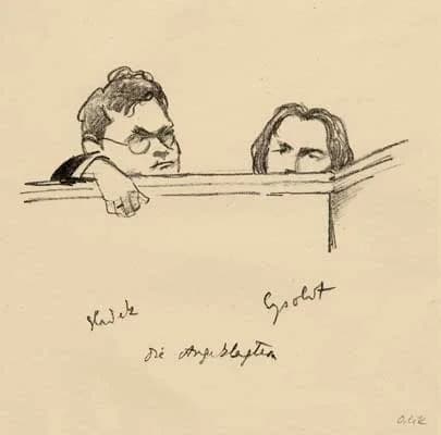 Arthur Schnitzler - Die Angeklagten im "Reigen-Prozess" 1921 in Berlin, Lithographie