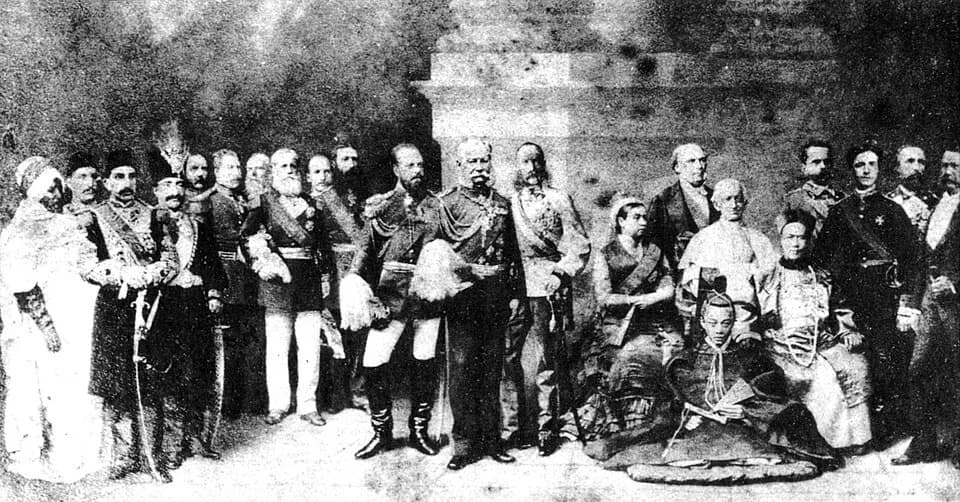 Pedro II of Brazil - "The World's Sovereigns". A photomontage made in Europe in 1889 with the main heads of state in the world. From left to right: Yohannes IV of Ethiopia, Tewfik Pasha of Egypt, Sult