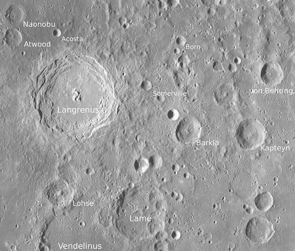 Charles Glover Barkla - Craters Langrenus, Lamé, Barkla, Kapteyn and others (detail of LRO - WAC global moon mosaic; Mercator projection)