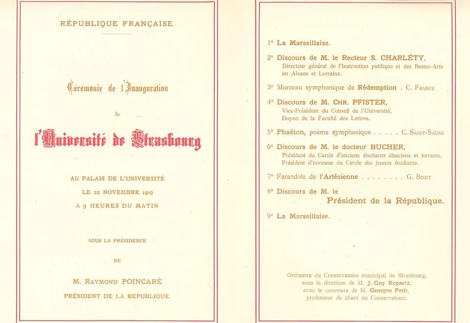 Raymond Poincaré - Programme de l'inauguration de l'Université française, ouverte le 15 janvier 1919.