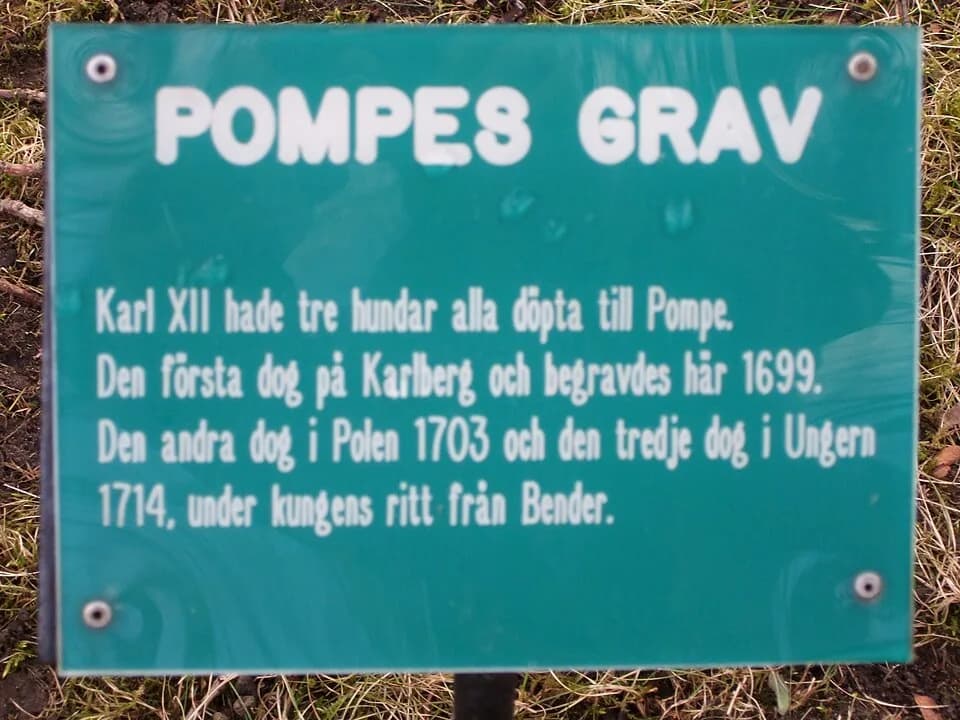 Carl XII of Sweden - Information sign about Pompe in Karlbergs slottspark