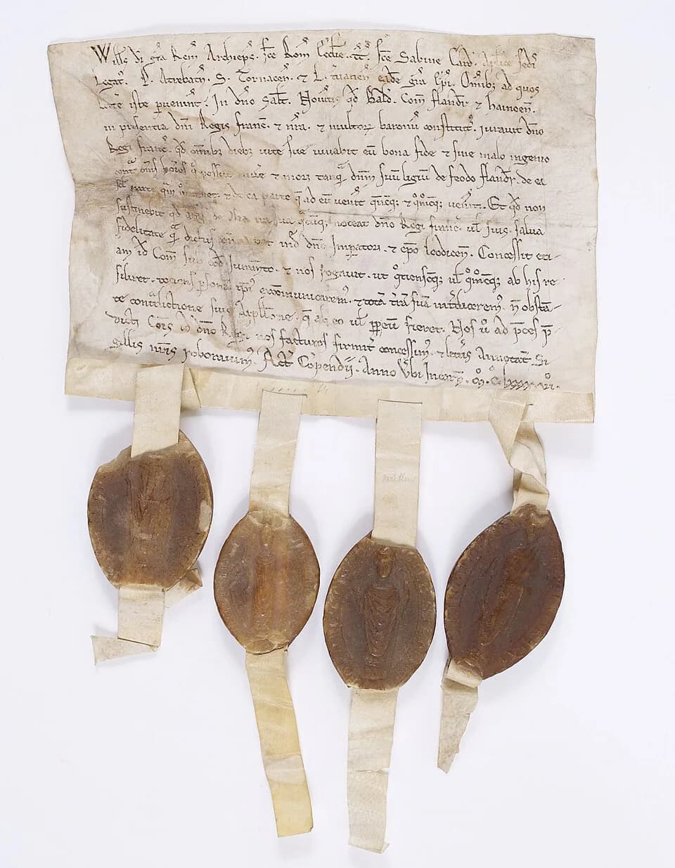 Philip II of France - Charte de Guillaume de Champagne, archevêque de Reims et de trois autres prélats attestent que le comte de Flandre a prêté hommage au roi Philippe Auguste pour son comté. Acte sc