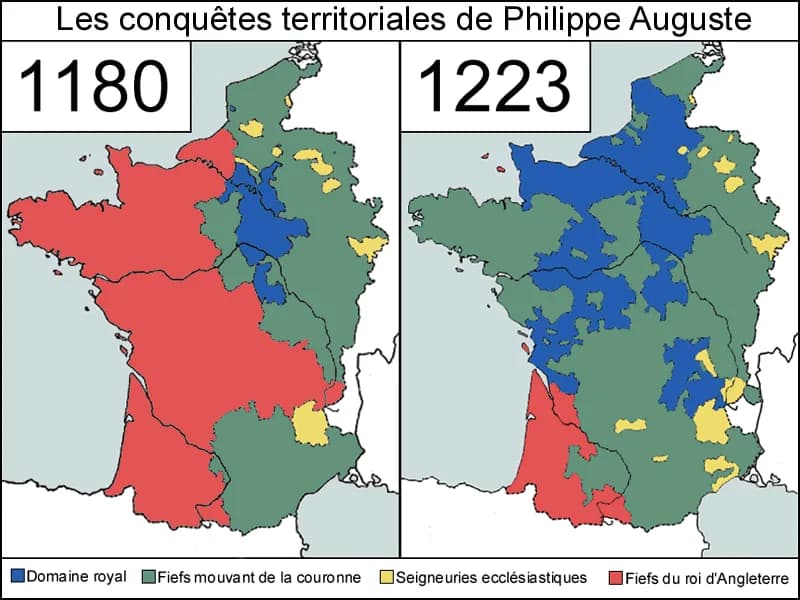 Philip II of France - Les conquêtes territoriales de Philippe Auguste, entre son avènement (1180) et sa mort (1223).