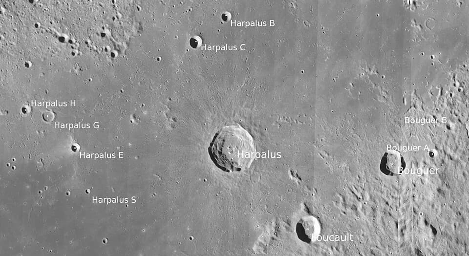 Léon Foucault - Moon craters Harpalus, Foucault and Boguer with satellite features (detail of LRO - WAC global moon mosaic)