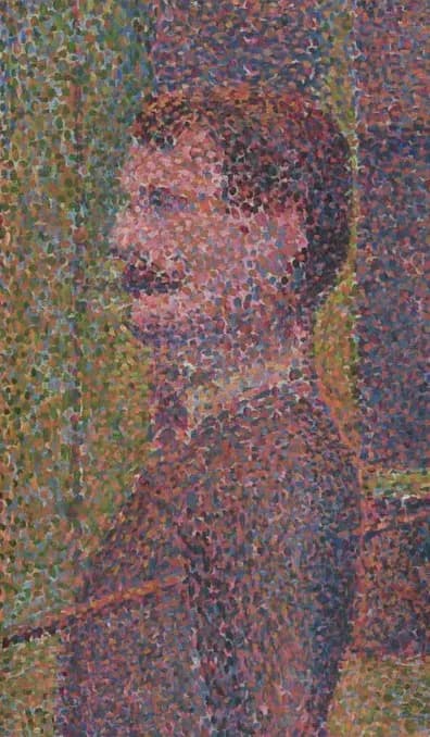 Georges Seurat - Detail showing pointillism technique. Instead of painting outlines and shapes with brush strokes and areas of color, pointillism builds up the image from separate colored dots of pain
