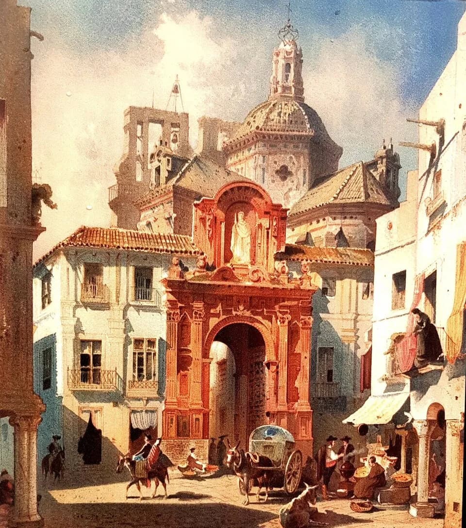 Bartolomé Esteban Murillo - Convento de San Pablo y casa de Murillo. 472 x 350 mm. Cromolitografía. Álbum de Alexander Mest-Chersky, Spanien Ansichten nach Aquarell-zeichnungen, Dresde, 1861. Bibliote
