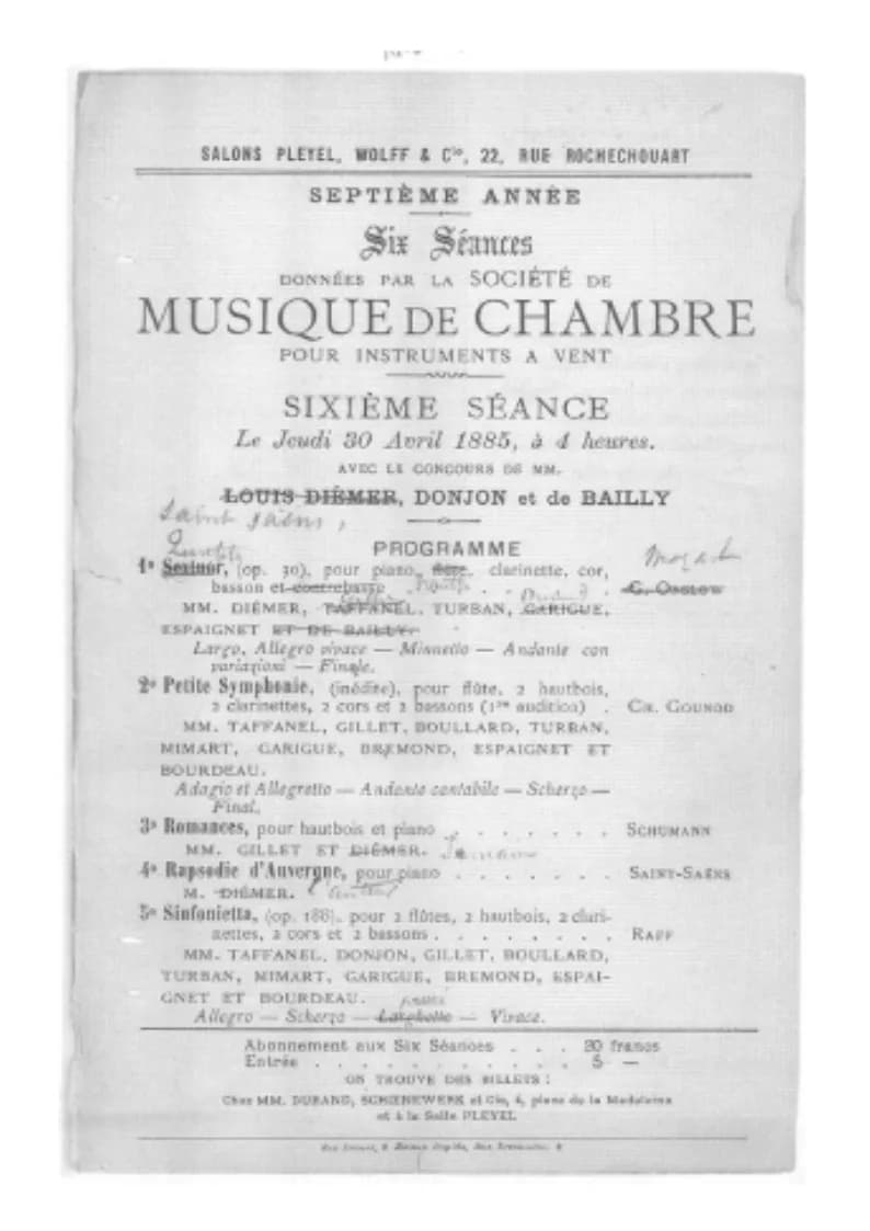 Camille Saint-Saëns - Programa del dia de l'estrena de la Petite Symphonie de Charles Gounod anotat per Paul Taffanel.