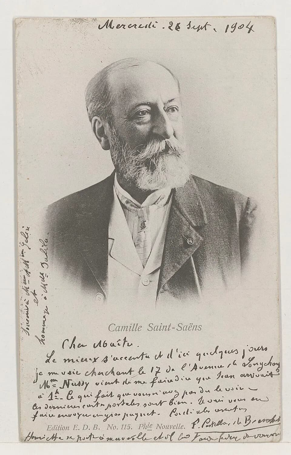 Camille Saint-Saëns - lettre autographe signée
Saint-Saëns, Camille (1835-1921). Destinataire de lettres
Langue : français