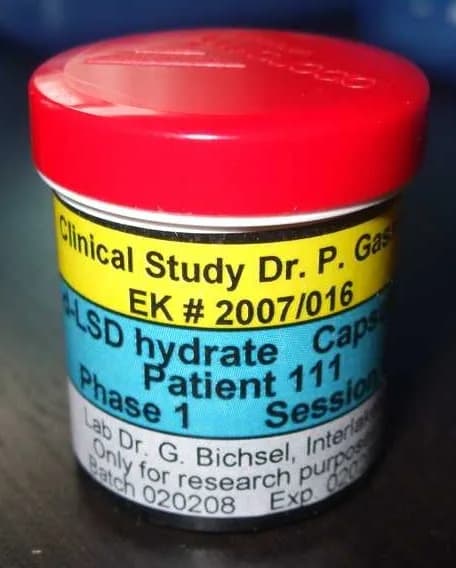 Albert Hofmann - A bottle of LSD from a Swiss clinical trial for end-of-life anxiety in cancer patients, circa 2007, conducted by Dr. Peter Gasser, sponsored by the Multidisciplinary Association for P
