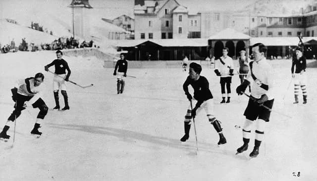 Lester B. Pearson - Oxford University vs. Switzerland hockey game. Lester B. Pearson is at right front