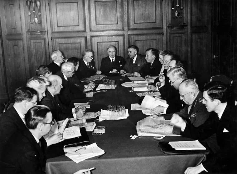 Lester B. Pearson - Canadian Delegation, United Nations Conference on International Organization
Pictured from Left to Right
C.S. Ritchie, P.E. Renaud, Elizabeth MacCallum, Lucien Moraud, Escott Reid,