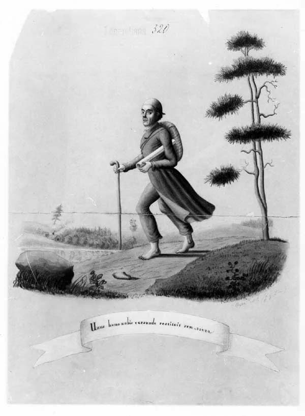 Elias Lönnrot - Carricature of Elias Lönnrot  Inscription: Unus homo nobis currendo restituit rem (Latin for "One man saved [everything] for us by running")