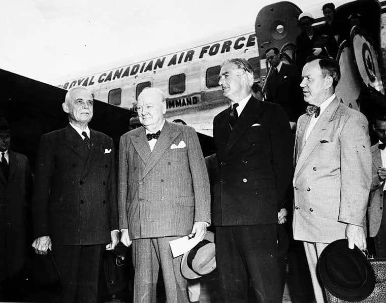 Lester B. Pearson - Churchill's Visit. Prime Minister St. Laurent (far left) and Mr. L.B. Pearson (far right) pose with Prime Minister Winston Churchill (second from left) and Mr. Anthony Eden (second