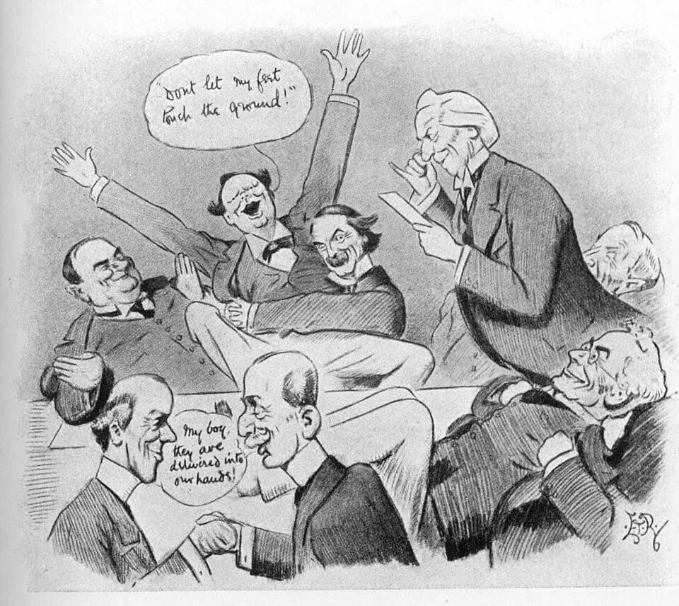 H. H. Asquith - This satirical cartoon depicts a meeting of the Cabinet of British Prime Minister H.H. Asquith as envisaged by the artists.
The picture shows the following persons: Back row (left to r