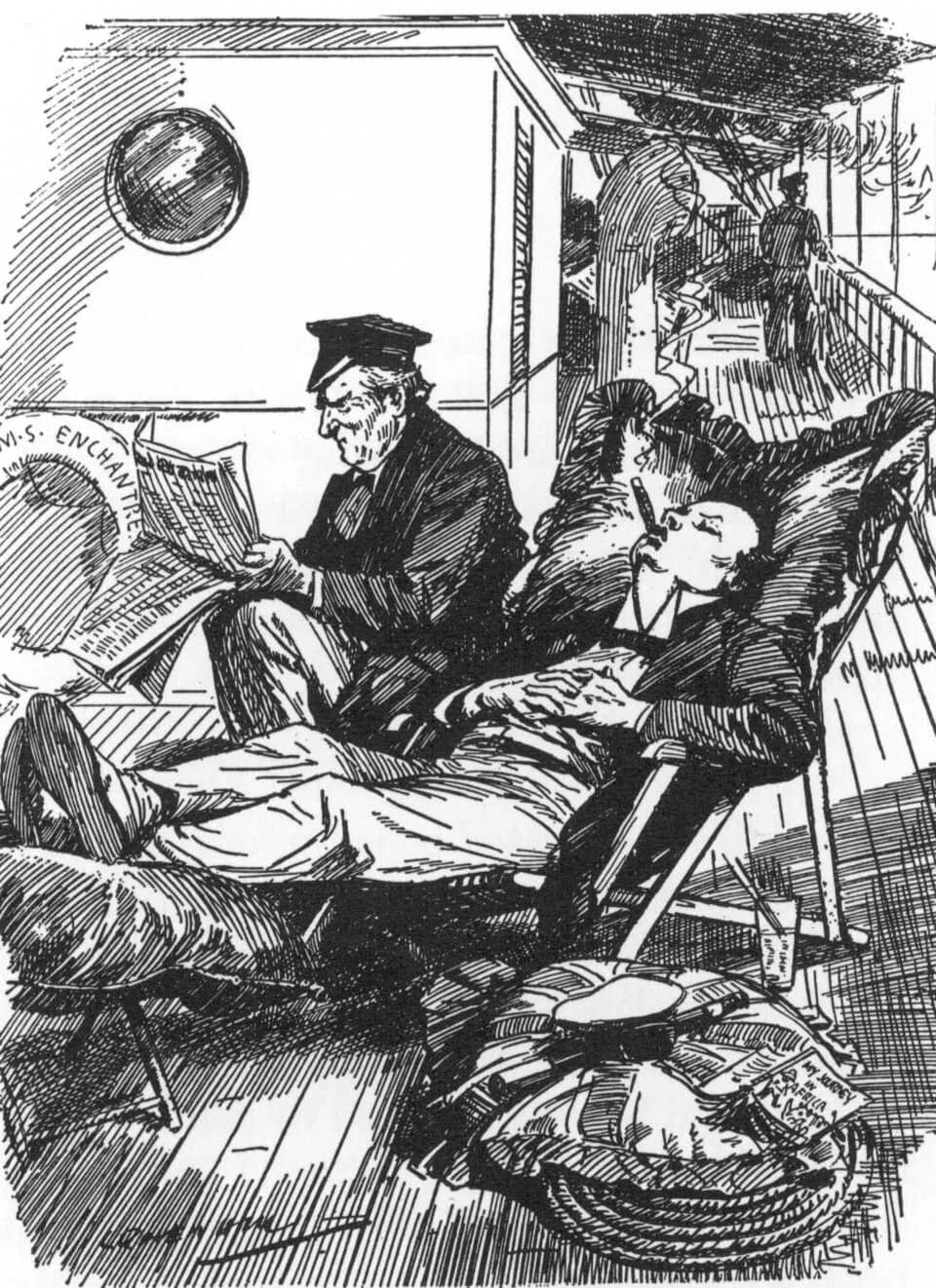H. H. Asquith - Caricature by John Tenniell Reed depicting British Prime Minister H.H. Asquith and Winston Churchill (then First Lord of the Admiralty) enjoying a cruise on the Admiralty yacht Enchant
