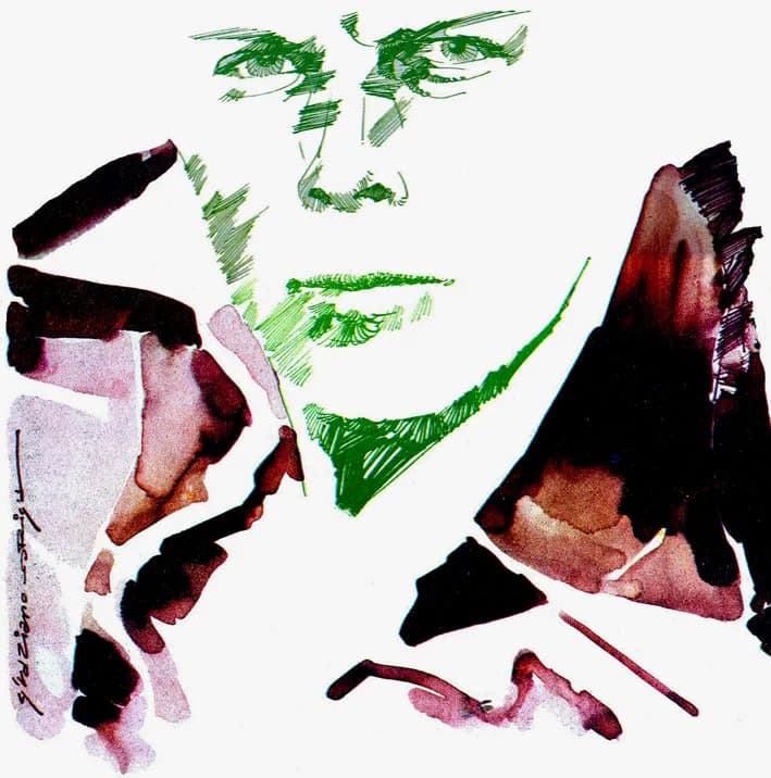 Giorgio Armani - Italian designer Giorgio Armani, portrait by Graziano Origa, pen&ink+ecoline, 1979