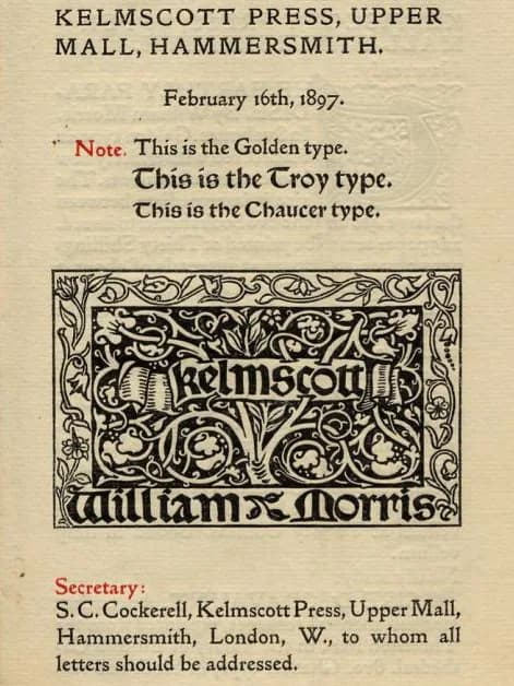 William Morris - Page with typeface samples from the Kelmscott Press, 1897, showing samples of Chaucer, Troy, and Golden Type designed by William Morris