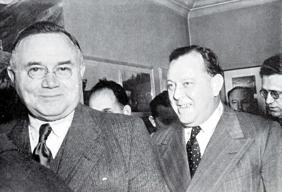 Trygve Lie - Norwegian prime minister Johan Nygaardsvold, centre, with Trygve Lie, right, following signing of military agreement between Norway and the Soviet Union in London in 1944.