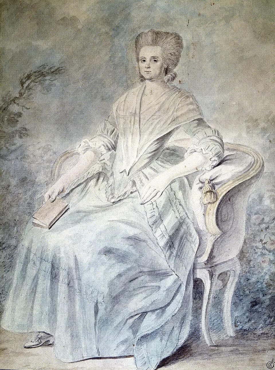 Olympe de Gouges - Olympe de Gouges assise sur un fauteuil Louis XV, tenant un livre de la main droite