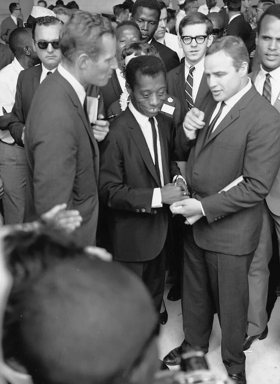 James Baldwin - Civil Rights March on Washington, D.C. [Author James Baldwin with actors Marlon Brando and Charlton Heston.], 08/28/1963