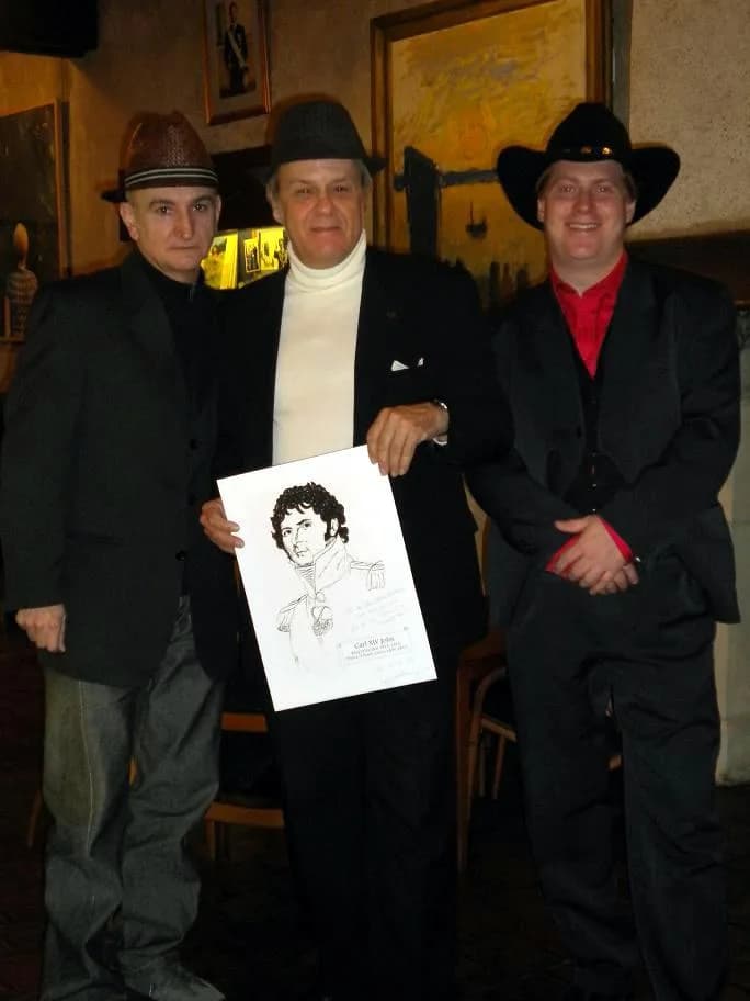 Charles XIV John of Sweden - Jean-Marc Baradat of the museum, Jacob Truedson Demitz &amp; Emil Eikner at Bernadotte Museum as the museum is presented with a drawing of Demitz’s of Carl XIV John, as re