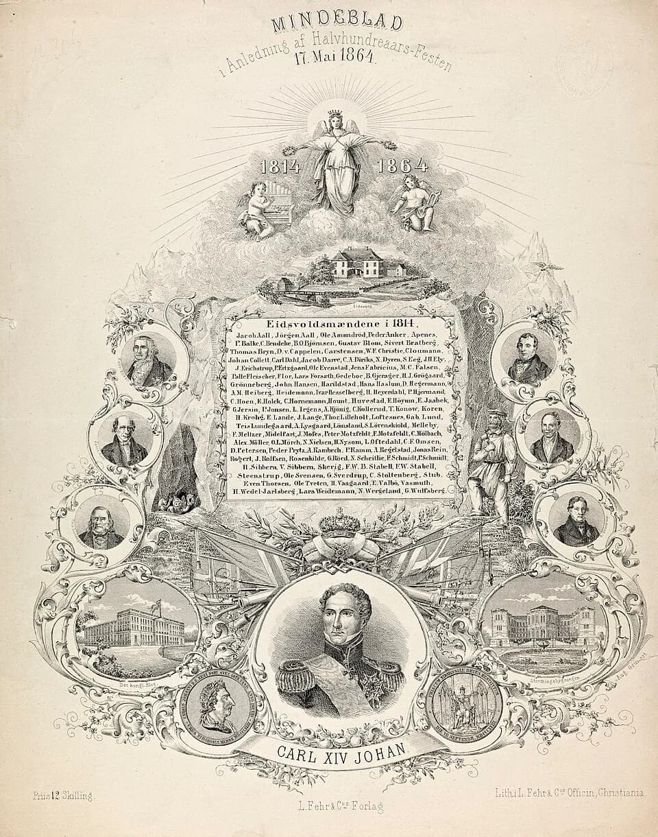 Charles XIV John of Sweden - Tittel / Title: Mindeblad i Anledning af Halvhundreaars-Festen 17. Mai 1864
Motiv / Motif: Litografi.
Dato / Date: 17. mai 1864
Kreditering / Credit: Lith. i L. Fehr &amp;