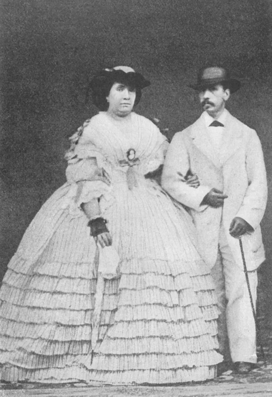 Isabella II of Spain - Full-length black-and-white portrait of Queen Isabella II of Spain and the King Consort.