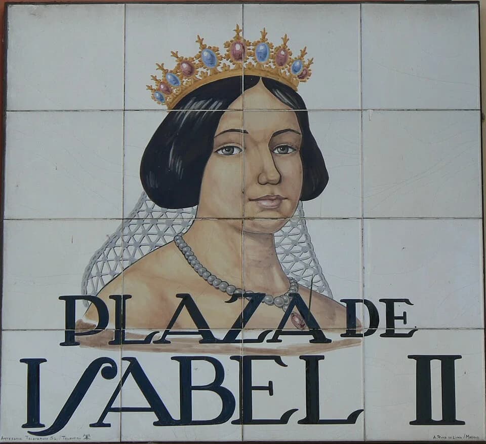 Isabella II of Spain - Sign of Plaza de Isabel II (square, Centro district) in Madrid (Spain).