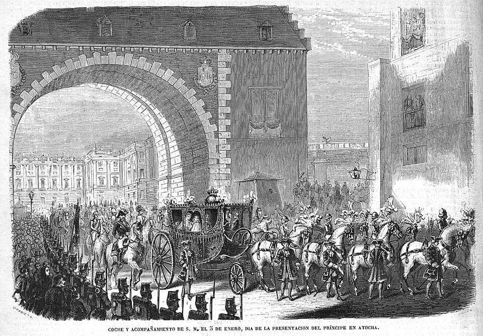 Isabella II of Spain - Coche y acompañamiento de S. M. el 5 de enero, día de la presentación del príncipe en Atocha, en la revista española El Museo Universal.