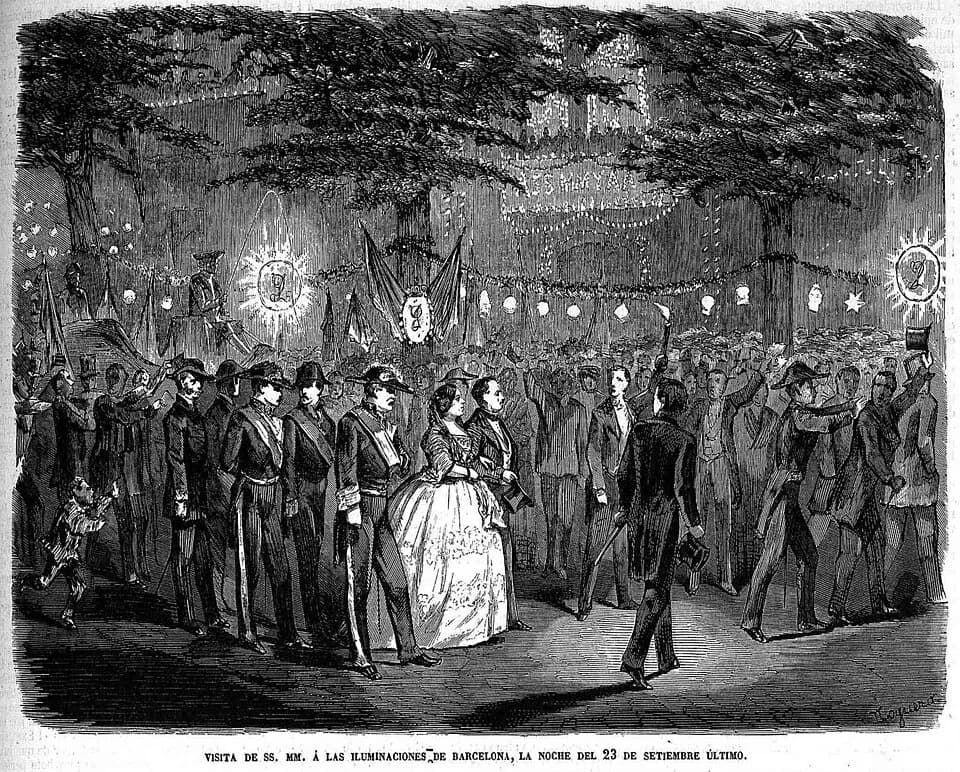 Isabella II of Spain - Visita de sus majestades a las iluminaciones de Barcelona, la noche del 23 de septiembre de 1860, en la revista española El Museo Universal.