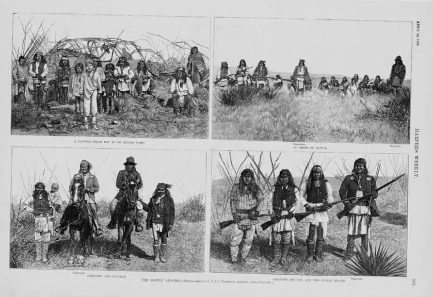 Gerónimo Gerónimo - Composite of four engravings showing a captive white boy in an Apache camp; Geronimo and Natchez with other Indians in order of battle; Geronimo and Natchez on horses; Geronimo, hi