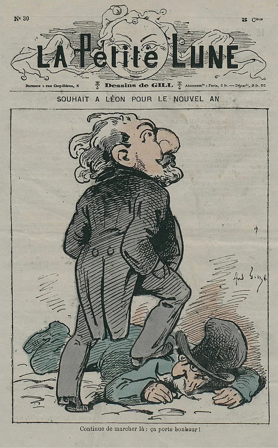 Patrice de MacMahon - Caricature de Léon Gambetta marchant sur un conservateur/bonapartiste efflanqué dont les traits rappellent ceux de Napoléon III (d'après Bertrand Tillier), à moins qu'il s'agisse