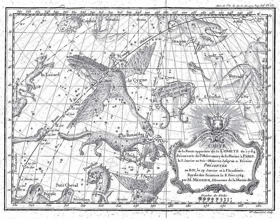 Charles Messier - Star chart with the observed path of the comet of 1764, according to Messier’s positional measurements.