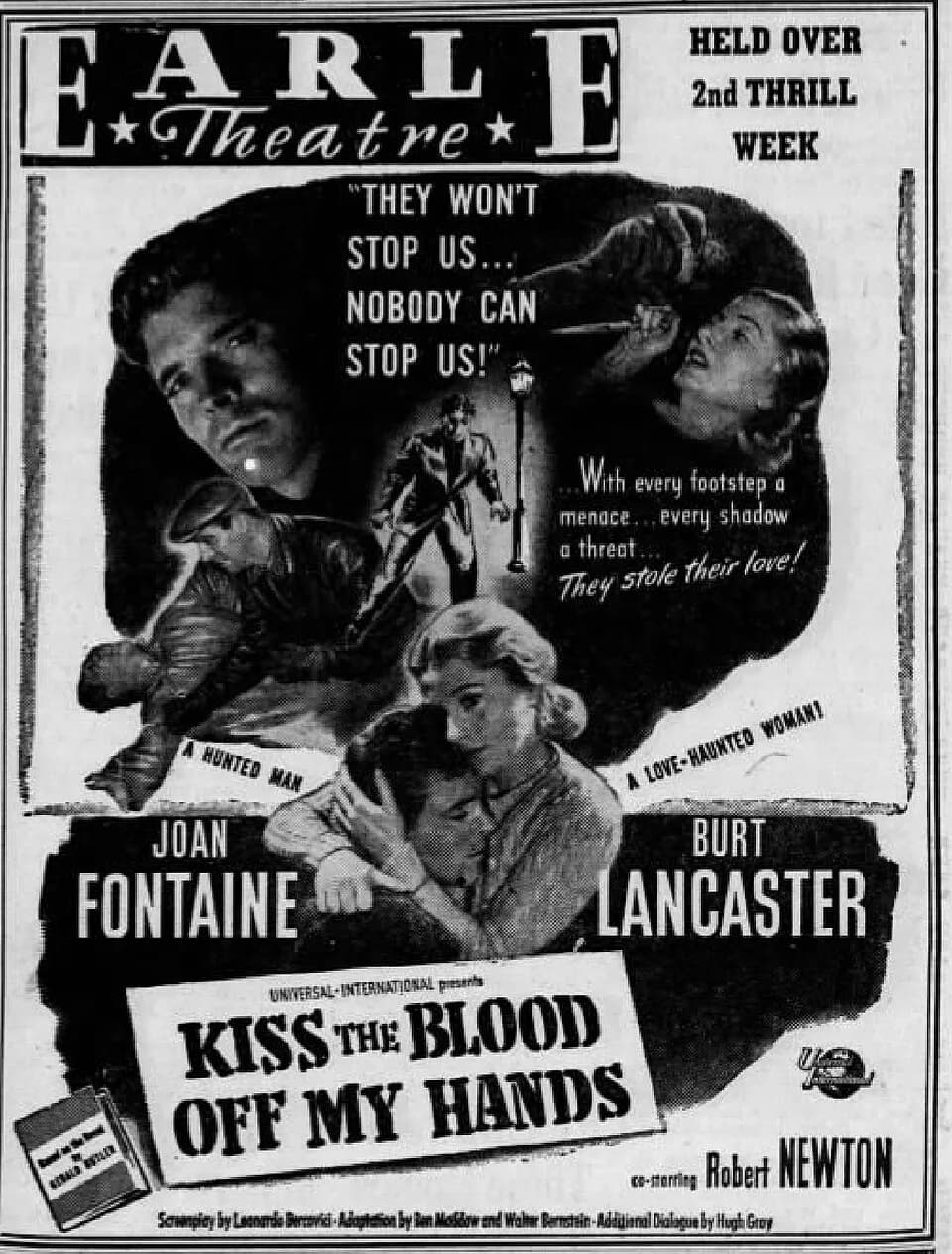 Joan Fontaine - Earle Theater ad for the film Kiss the Blood Off My Hands (1948).