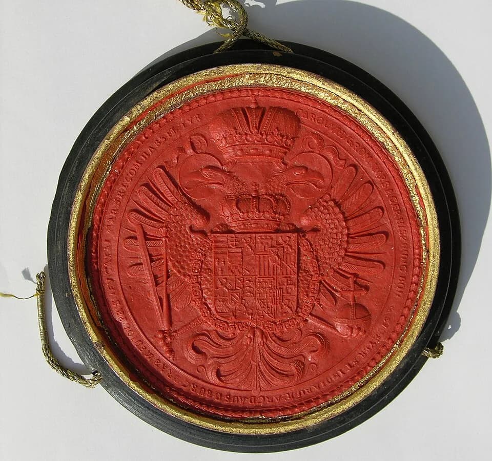 Charles VI, Holy Roman Emperor - The seal of Charles VI, emperor of the Holy Roman Empire from 1711 to 1740. The seal shows the crowned double-headed Reichsadler, holding the sceptre, the Imperial Swo