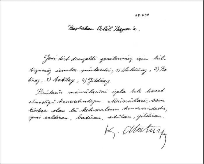 Celâl Bayar - Direction of Atatürk for naming submarines.